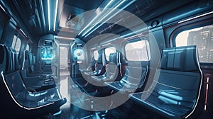 Empty interior of modern passenger subway. Generative AI