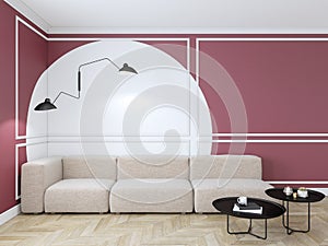 Empty interior with red geometric print on the wall. Sofa, coffee table and wood floor.