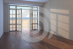 Empty Interior with Sea View. Unfurnished Hotel with Open Doors Overlooking the Ocean