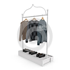 Empty Iron Clothing Display Rack with Clothes on white. 3D illustration