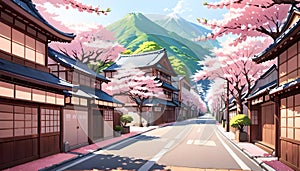 Empty Japan street with traditional building surrounded by the full bloom of sakura trees. Anime style illusration. generative ai