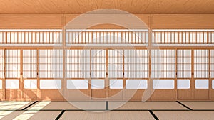 Empty Japanese traditional style room interior with Shoji sliding door and Tatami mat floor, 3d rendering