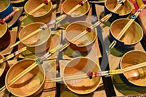empty japanese wooden bowls and chopsticks for noodles