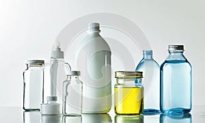 empty jars and bottles of household chemicals with