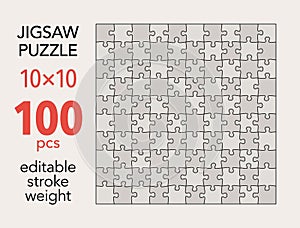 Empty jigsaw puzzle grid template, 10x10 shapes, 100 pieces. Separate matching puzzle elements.