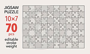 Empty jigsaw puzzle grid template, 10x7 shapes, 70 pieces. Separate matching puzzle elements.