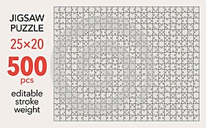 Empty jigsaw puzzle grid template, 25x20 shapes, 500 pieces. Separate matching puzzle elements.