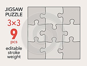 Empty jigsaw puzzle grid template, 3x3 shapes, 9 pieces. Separate matching puzzle elements.