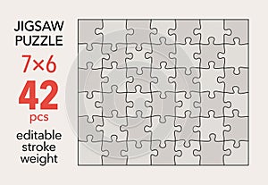 Empty jigsaw puzzle grid template, 7x6 shapes, 42 pieces. Separate matching puzzle elements.