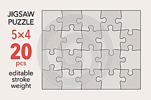 Empty jigsaw puzzle grid template, 5x4 shapes, 20 pieces. Separate matching puzzle elements.