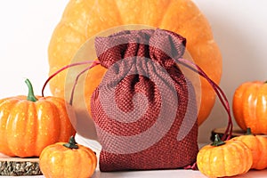 Empty jute red gift bag and many pupkins, fall mockup