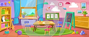 Empty kindergarten room or nursery interior with toys vector illustration