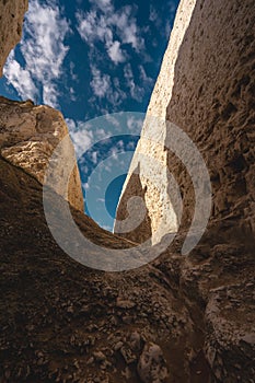 Empty Kingsgate Beach, walking through the chalk stacks clifs at Botany Bay in Kent, England