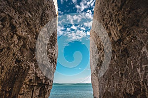 Empty Kingsgate Beach, walking through the chalk stacks clifs at Botany Bay in Kent, England