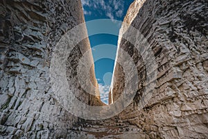 Empty Kingsgate Beach, walking through the chalk stacks clifs at Botany Bay in Kent, England