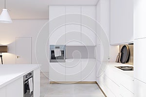 Empty kitchen interior with ceramic tiles floor and white walls. 3D Rendering