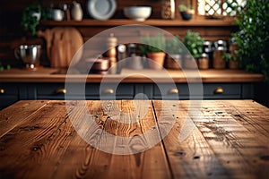 Empty kitchen table, wooden surface, inviting for meals and gatherings