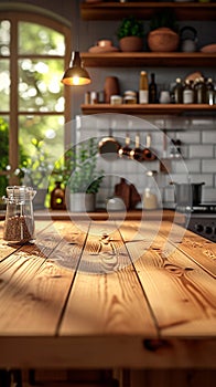 Empty kitchen table, wooden surface, inviting for meals and gatherings