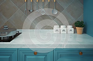 Empty kitchen top, coocking, 3d rendering