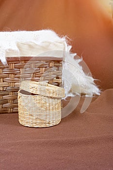 Empty knitted basket.Basket on brown background