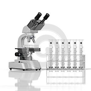 Empty laboratory glassware whith laboratory microscope on white background