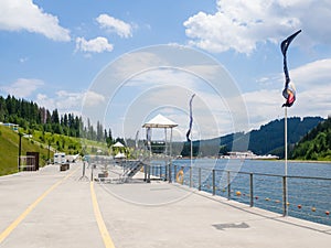 Empty Lake of Youth beach in Bukovel in summer