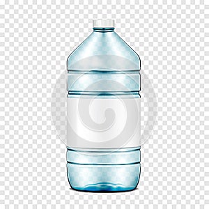 Empty large clear blue plastic water bottle with white screw cap and blank label on transparent background realistic vector mockup