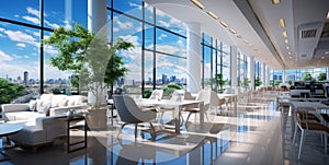 Empty large modern cafeteria with eco interior and large windows with city view.Wide angle.AI Generative