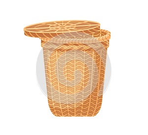 Empty laundry basket with lid. Tall wicker container with cover made from rattan. Realistic flat vector illustration of