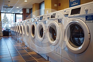 Empty laundry room with industrial washing machines