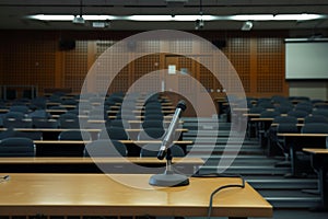 empty lecture desk with a microphone, empty seating