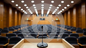 Empty lecture hall with a microphone on a podium, ready for a formal presentation or conference event. no people