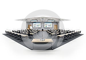 Empty lecture hall with rows of chairs and projector screens