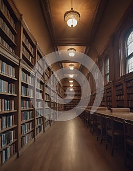 An empty library, a library hallway, classic style