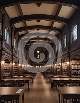 An empty library, a library seats, classic style, a row of books