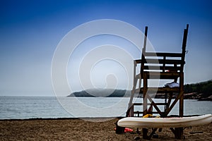 Empty life guard watchtower on the sand beach of Acadia National Park