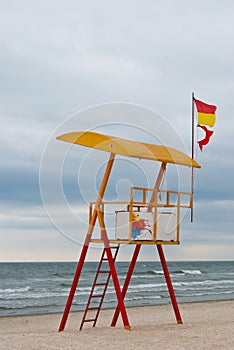 Empty Lifeguard Station on the Beach near a sea