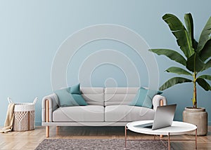 Empty light blue wall in modern living room. Mock up interior in contemporary, scandinavian style. Free, copy space for