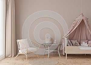Empty light brown wall in modern child room. Mock up interior in scandinavian style. Free, copy space for your picture