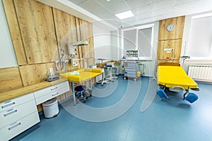 Empty light emergency ward. Modern clinical indoor sterile interior.