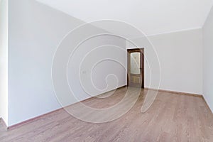 Empty light white room with wooden floor and glass door