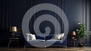 Empty living room with black paneling on the wall and navy blue color sofa, wooden frame mockup on wall Decorative wall with