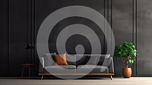 Empty living room with black paneling on the wall and velvet sofa, wooden frame mockup, on the concrete floor. Decorative wall