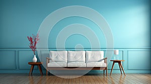 an empty living room with blue walls and a white couch