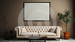 Blank Image Frame Mockup With Couch And Table In Beige Interior photo
