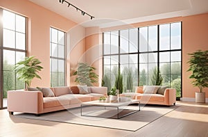 empty living room with lots of sun light and space, big windows, fresh plants, comfy couches. no people