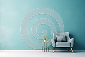 Empty living room with monochrome dusty blue wall and teal chair. Minimalist contemporary interior. Wall scene mockup product for