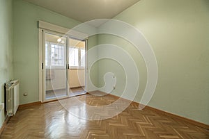 Empty living room with oak herringbone parquet flooring, light green