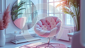 an empty living room with the sun on the window sill and pink chairs