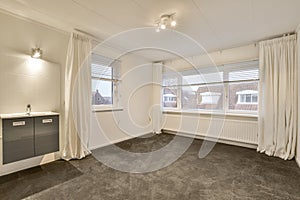 an empty living room with two windows and a sink